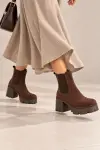 Kadın Kahverengi Süet Görünümlü Kalın Topuklu Chelsea Bot
